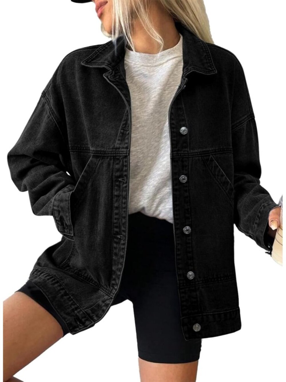Women's Black Long Sleeve Fall Winter Casual Pockets Jean Jacket Coat